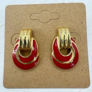 Trifari Vintage red enamel gold tone post Earrings Door Knocker Style Retro 80s